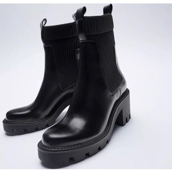Zara Track Sole Black Sock Boot Size 38 Moto Combat Boots Slip On Heeled - Picture 16 of 16